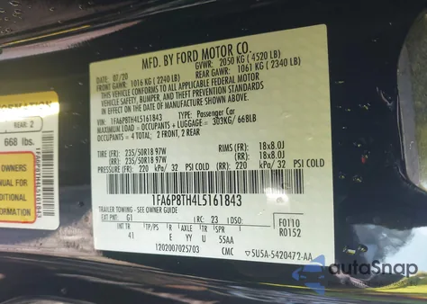 2020 Ford Mustang Ecoboost Premium Fastback z USA, uszkodzony, nr VIN 1FA6P8TH4L5161843